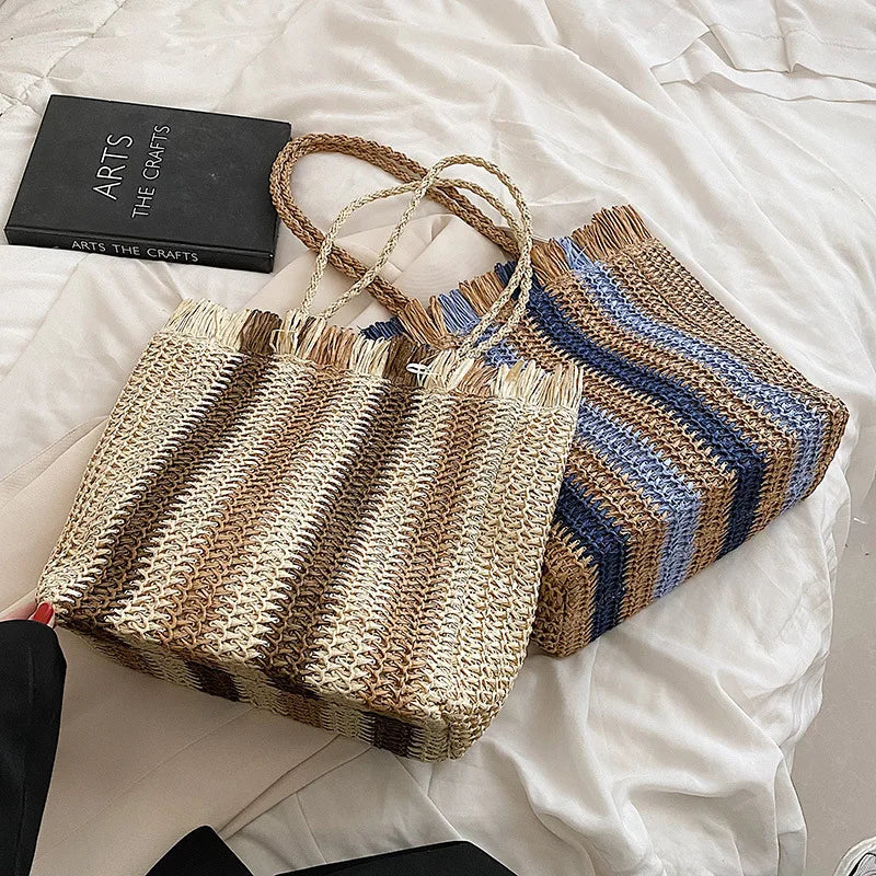 Summer Style Women Handbag Straw Weaving Striped Lady Shoulder Purse