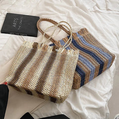Summer Style Women Handbag Straw Weaving Striped Lady Shoulder Purse