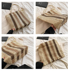 Summer Style Women Handbag Straw Weaving Striped Lady Shoulder Purse