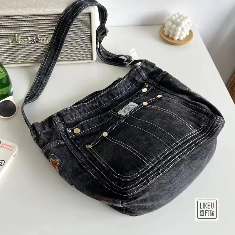 Women Denim Shoulder Bag Badage Cross Body Bag Vintage Style Handbag