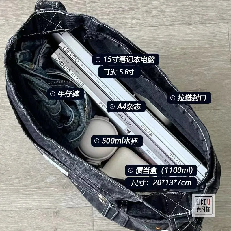 Women Denim Shoulder Bag Badage Cross Body Bag Vintage Style Handbag