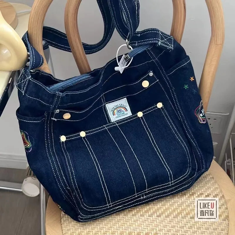 Women Denim Shoulder Bag Badage Cross Body Bag Vintage Style Handbag