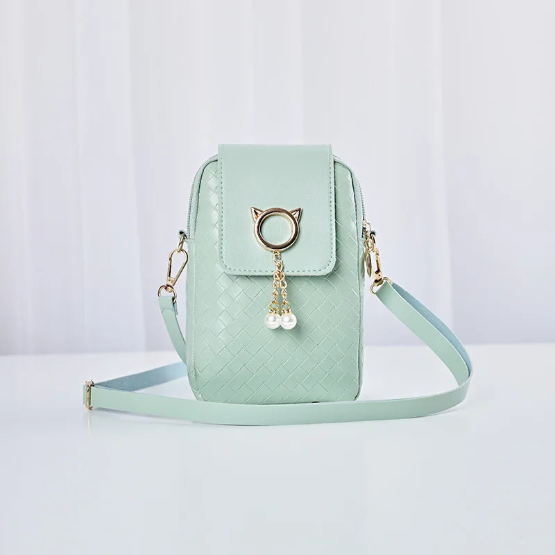 Mini Shoulder Messenger Bag for Women, PU Wallet with Key Case, Solid Color