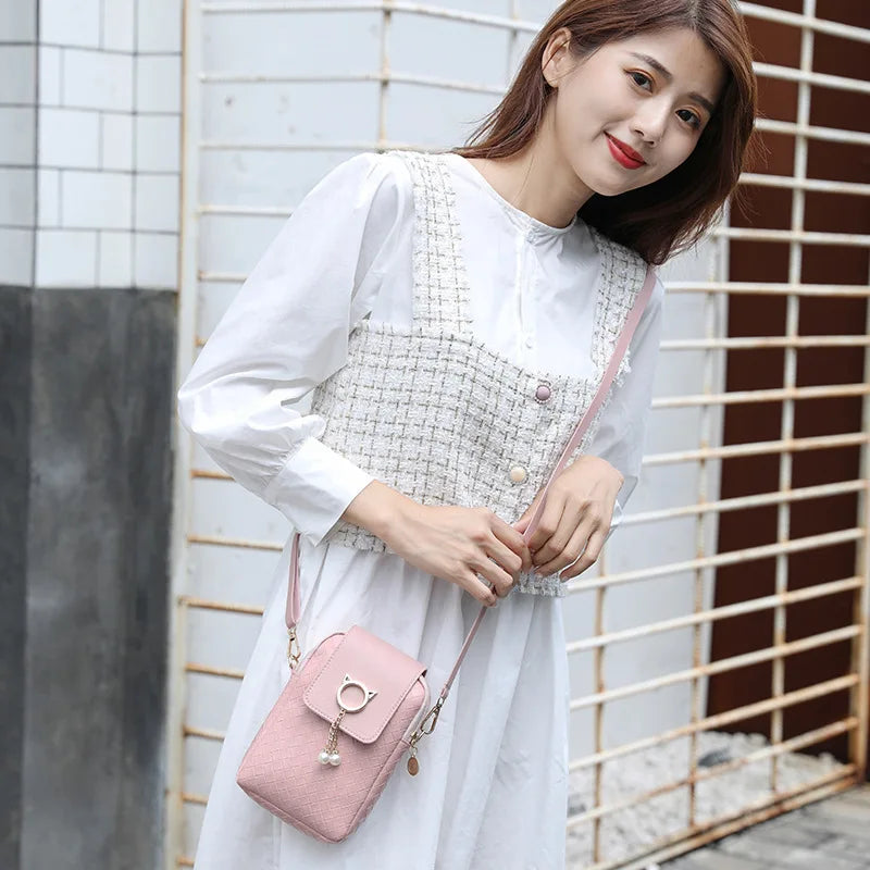 Mini Shoulder Messenger Bag for Women, PU Wallet with Key Case, Solid Color