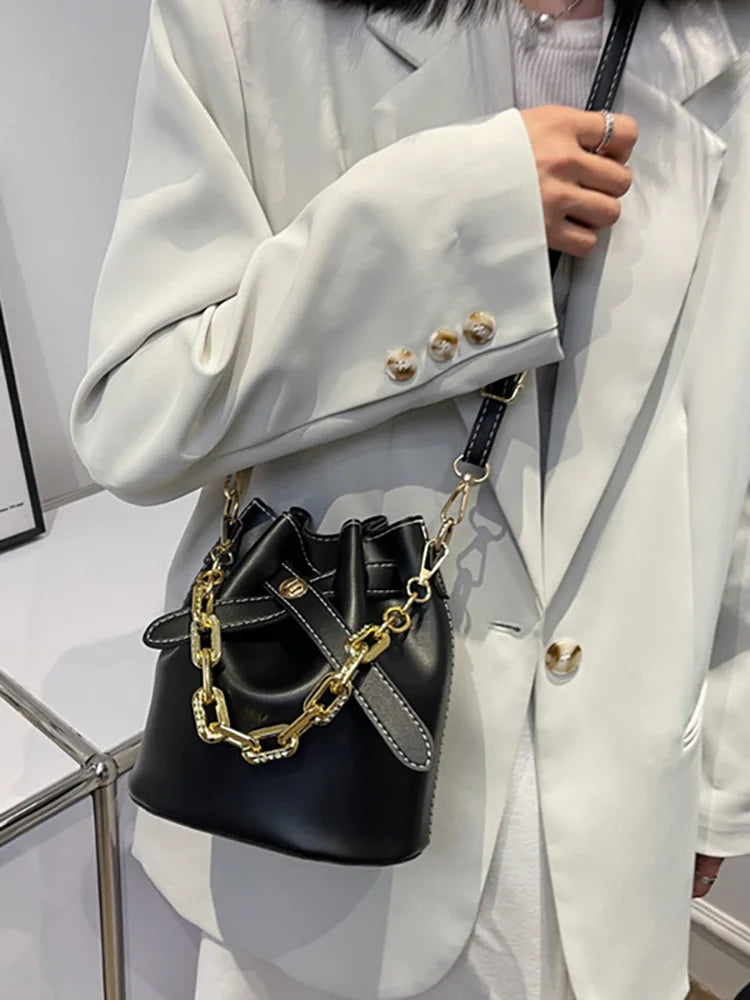 Women's Bucket Chain Shoulder Crossbody Bag PU Leather Handbag