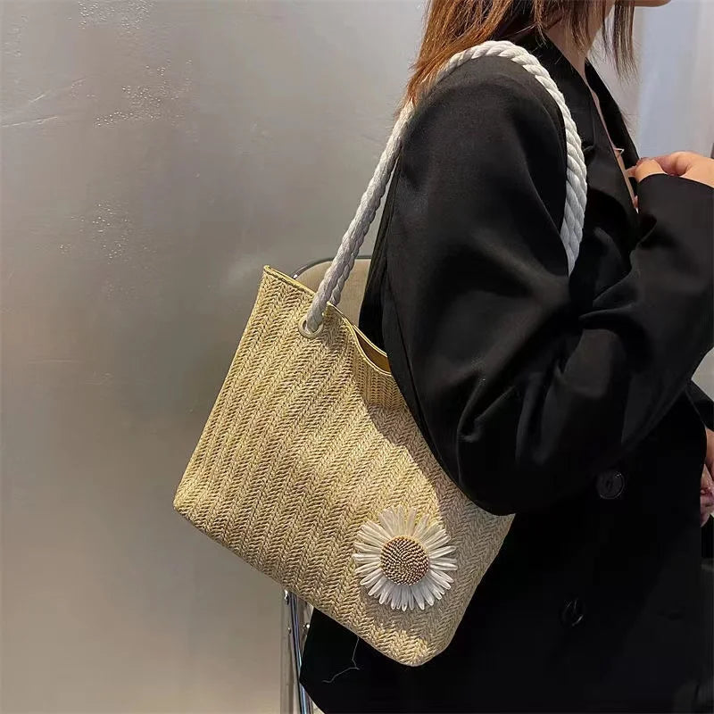 Sunflower Women's Shoulder Bag Large-capacity Straw Woven Handbag