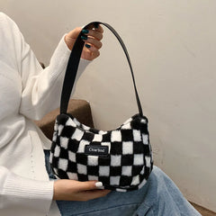 Winter Checker Print Shoulder Bag Women Plush Underarm Bags Casual Female Tote