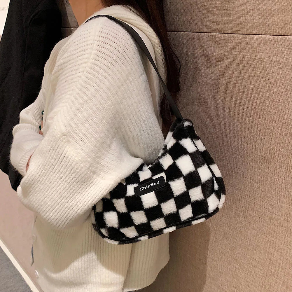 Winter Checker Print Shoulder Bag Women Plush Underarm Bags Casual Female Tote