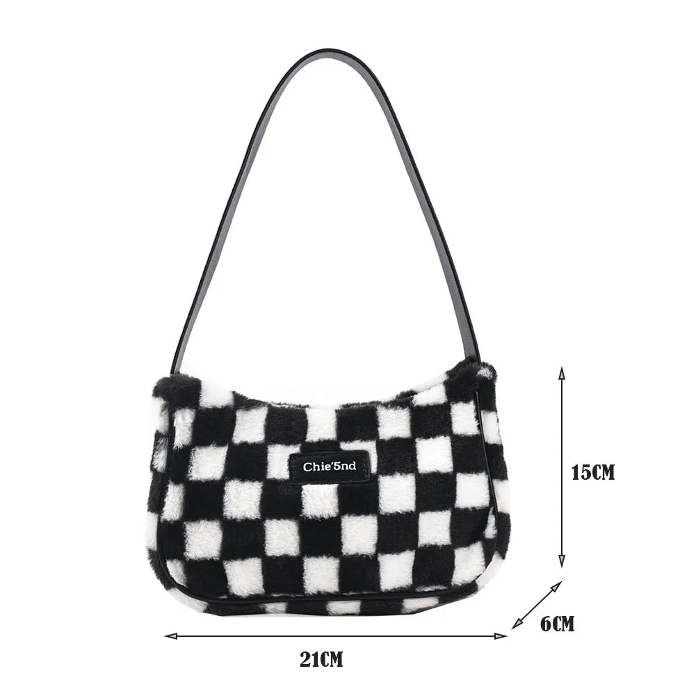 Winter Checker Print Shoulder Bag Women Plush Underarm Bags Casual Female Tote