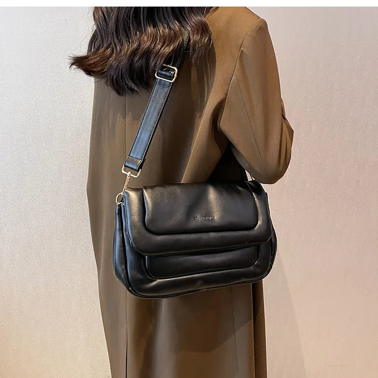 Winter Women Soft PU Leather Flap Bag Shoulder Crossbody Bags Solid Lady Purses