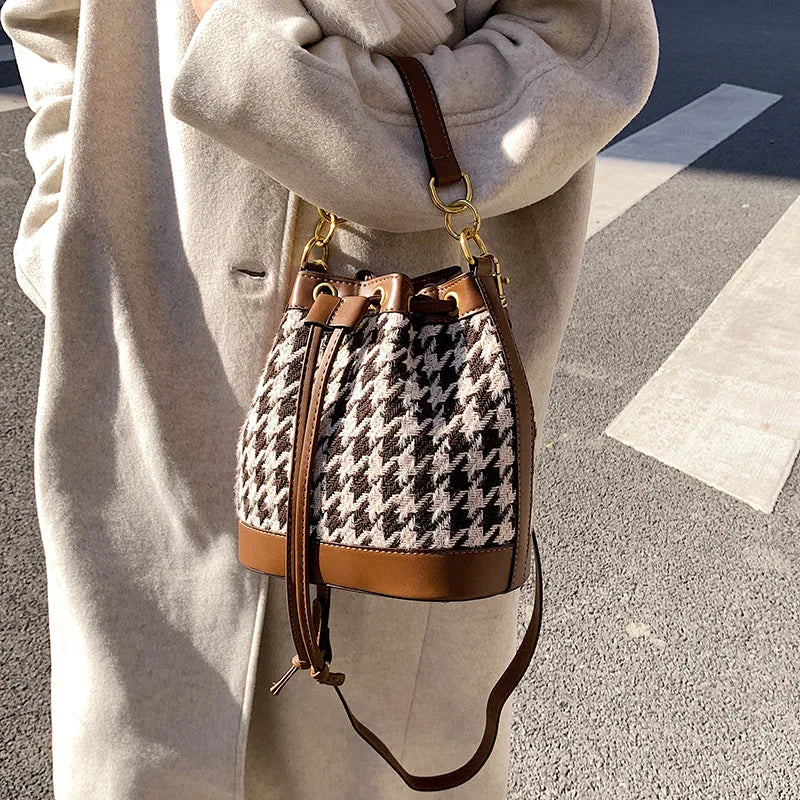 Winter Houndstooth Bucket Bag Crossbody Handbag Tote