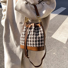 Winter Houndstooth Bucket Bag Crossbody Handbag Tote
