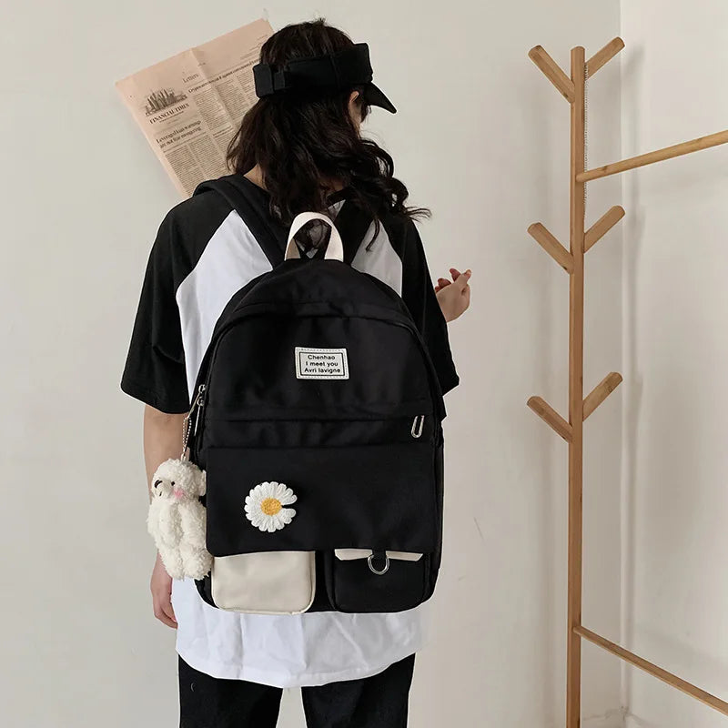 Nylon Backpack with Doll Pendant for Teenage Girls