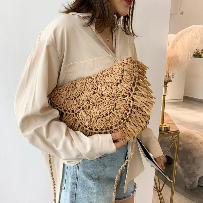 Women Beach Bag Shoulder Bags Hand Woven Straw Large Capacity Retro Bohemian Rat