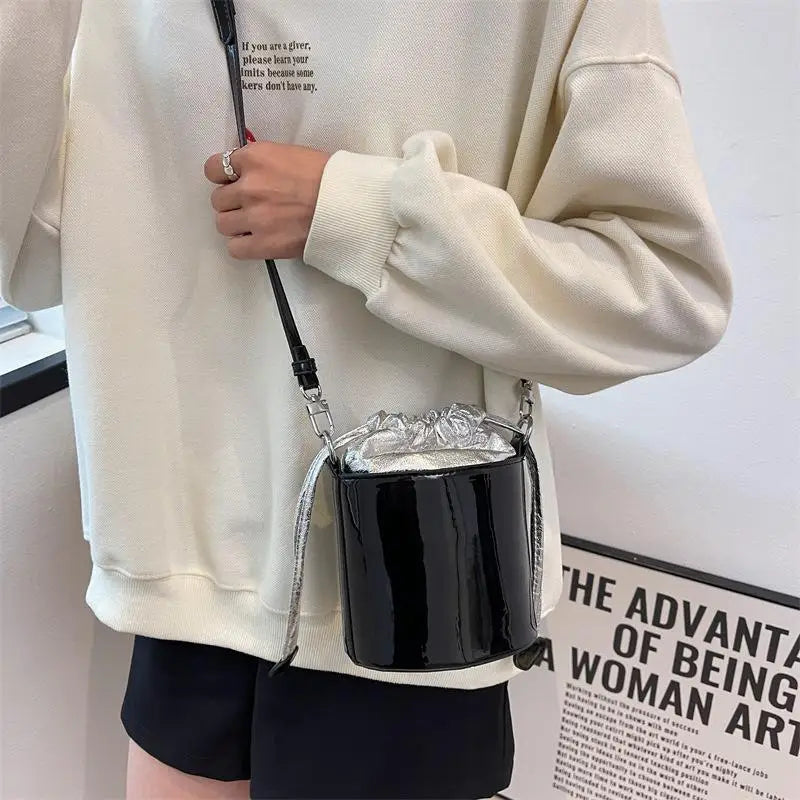 Patent Leather Bucket Bag Drawstring Tote Girls Small Travel Bag