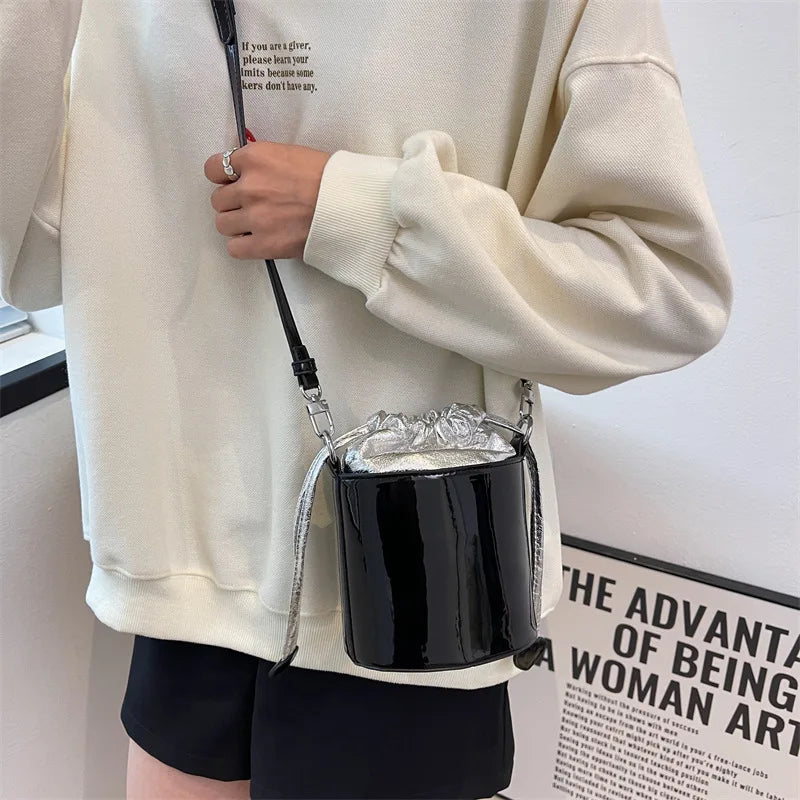 Patent Leather Bucket Bag Drawstring Tote Girls Small Travel Bag