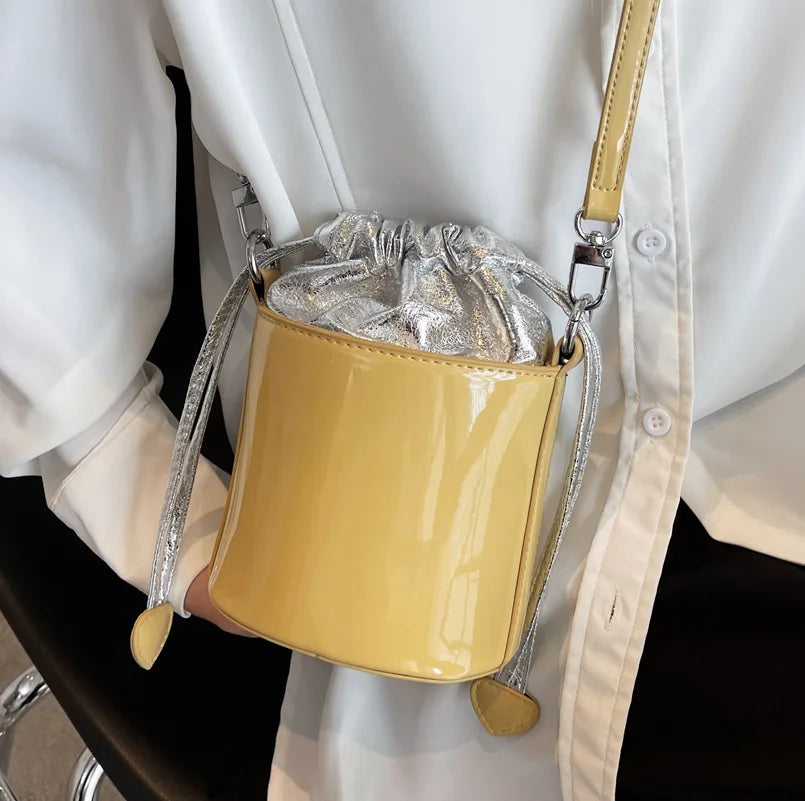 Patent Leather Bucket Bag Drawstring Tote Girls Small Travel Bag