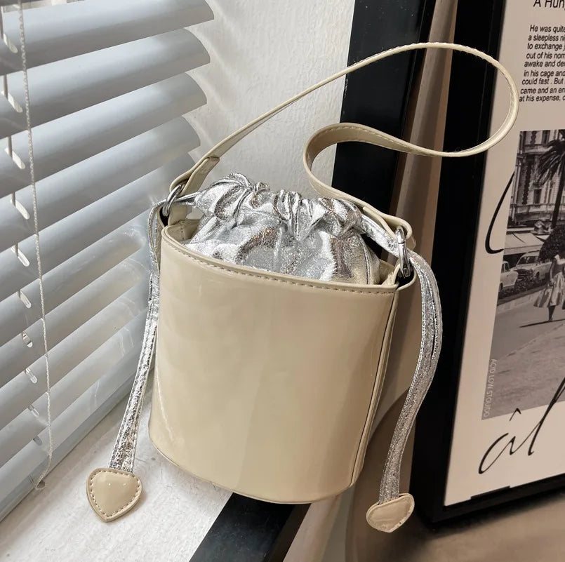 Patent Leather Bucket Bag Drawstring Tote Girls Small Travel Bag