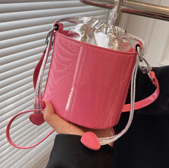 Patent Leather Bucket Bag Drawstring Tote Girls Small Travel Bag