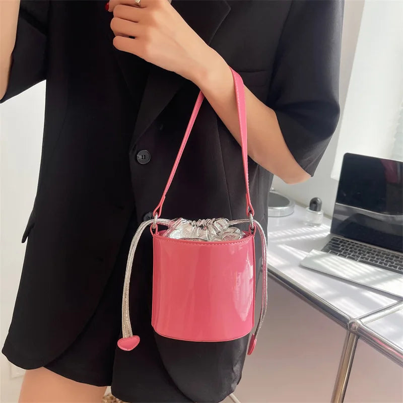 Patent Leather Bucket Bag Drawstring Tote Girls Small Travel Bag