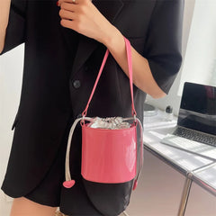 Patent Leather Bucket Bag Drawstring Tote Girls Small Travel Bag