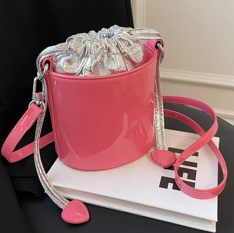 Patent Leather Bucket Bag Drawstring Tote Girls Small Travel Bag