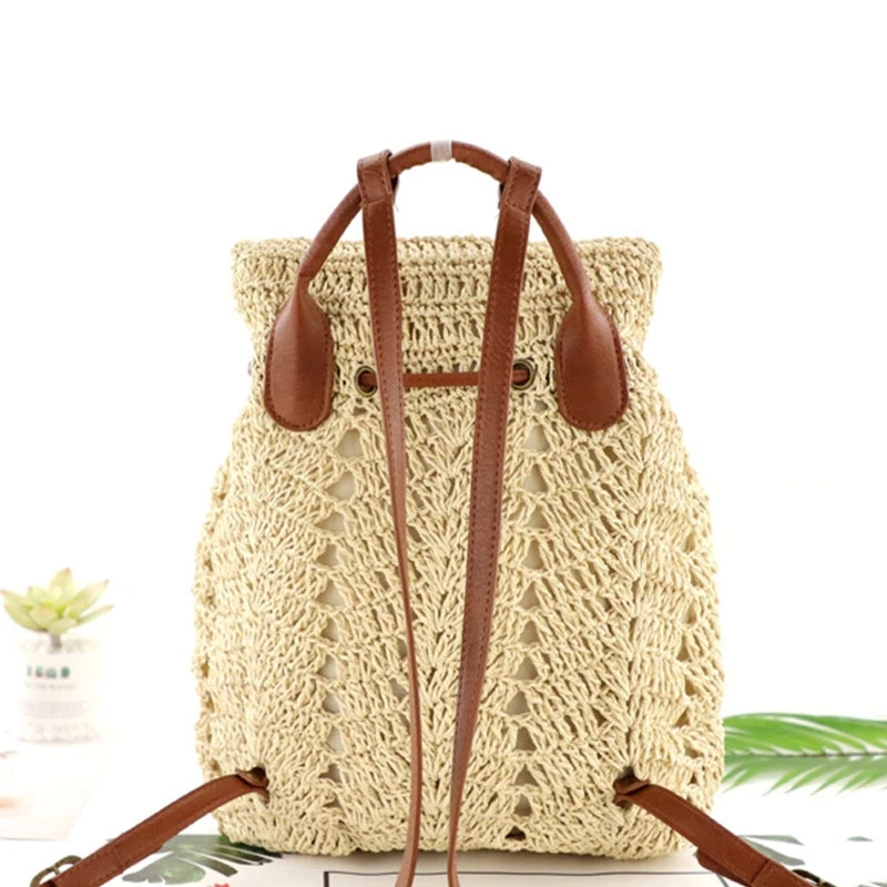 Summer Straw Beach Backpack Boho Style Shoulder Bag