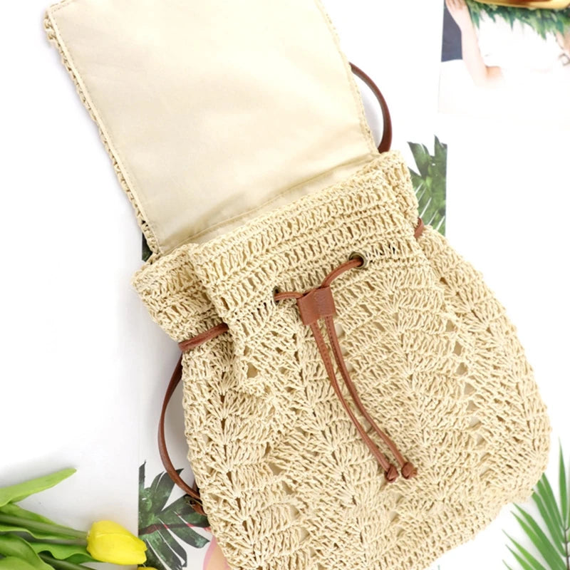 Summer Straw Beach Backpack Boho Style Shoulder Bag