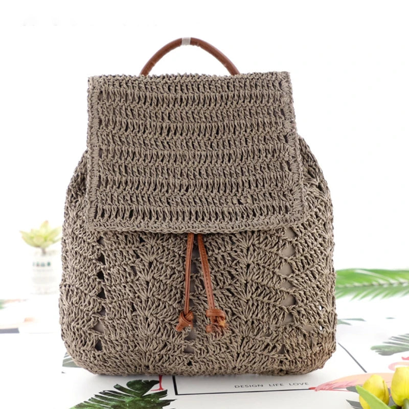 Summer Straw Beach Backpack Boho Style Shoulder Bag