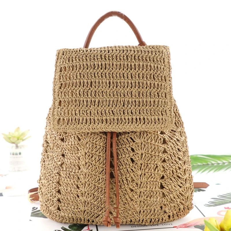 Summer Straw Beach Backpack Boho Style Shoulder Bag