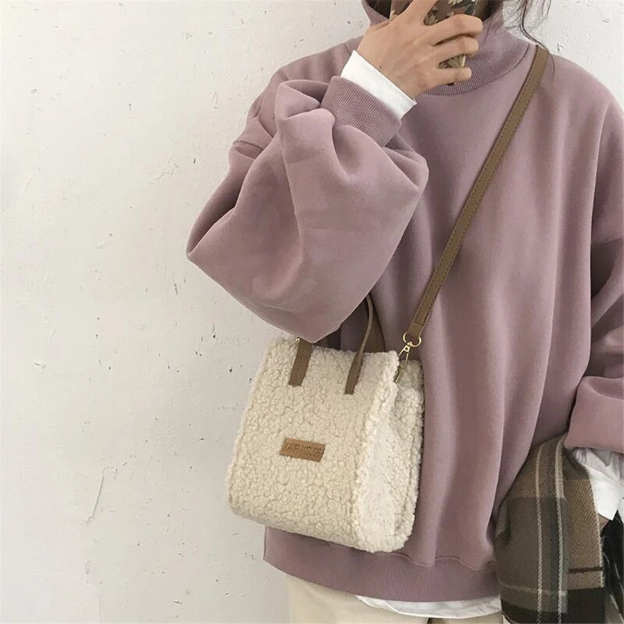 Women Winter Shoulder Bag Lamb Wool Warm Soft Autumn Ins Square Cross-body Porta