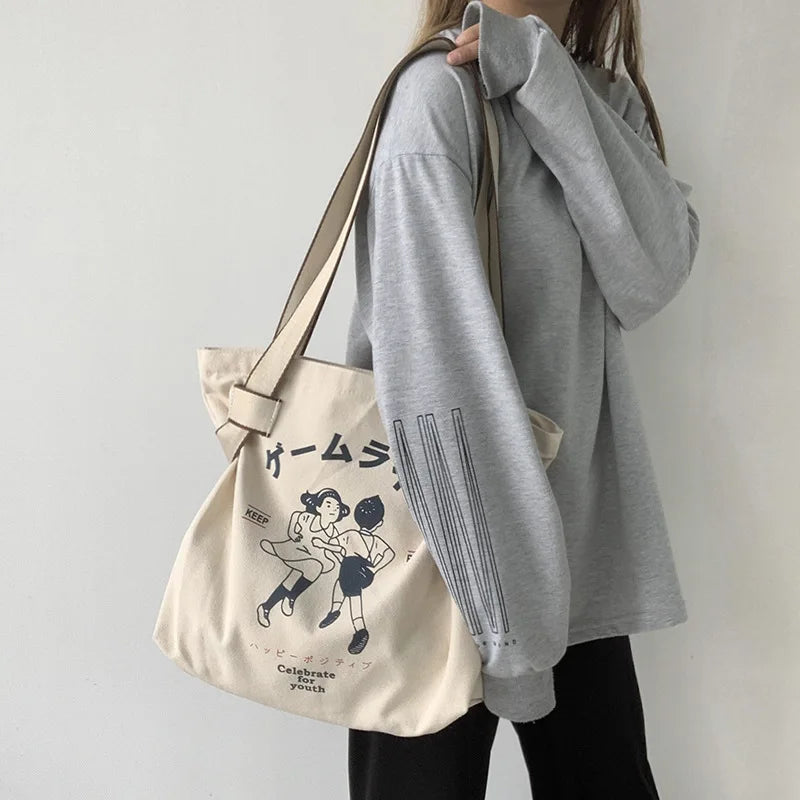 Women's Canvas Shoulder Bag Large Capacity Handbag Eco-Friendly Shopping Tote