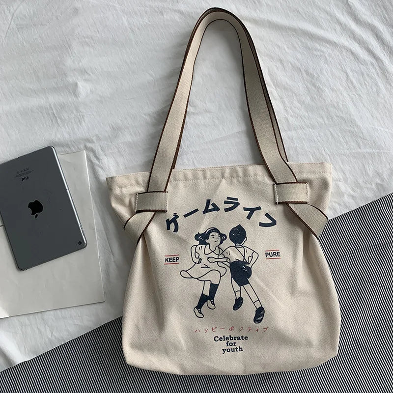 Women's Canvas Shoulder Bag Large Capacity Handbag Eco-Friendly Shopping Tote