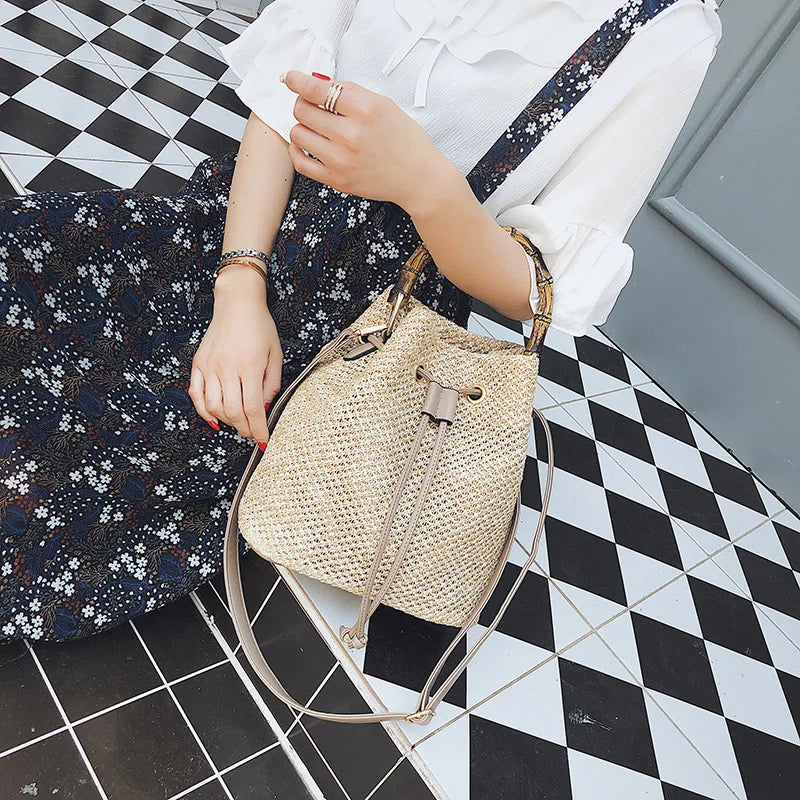 Straw Woven Small Bag Women's Messenger Bucket Bag