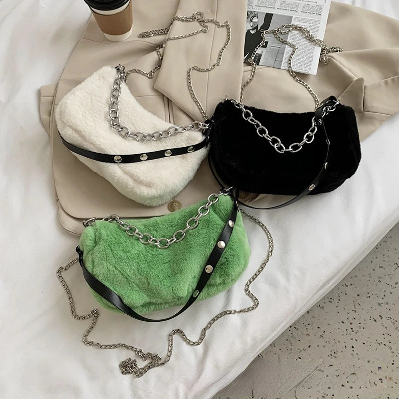 2022 Women Plush Bucket Bag Soft Faux Fur Shoulder Bag
