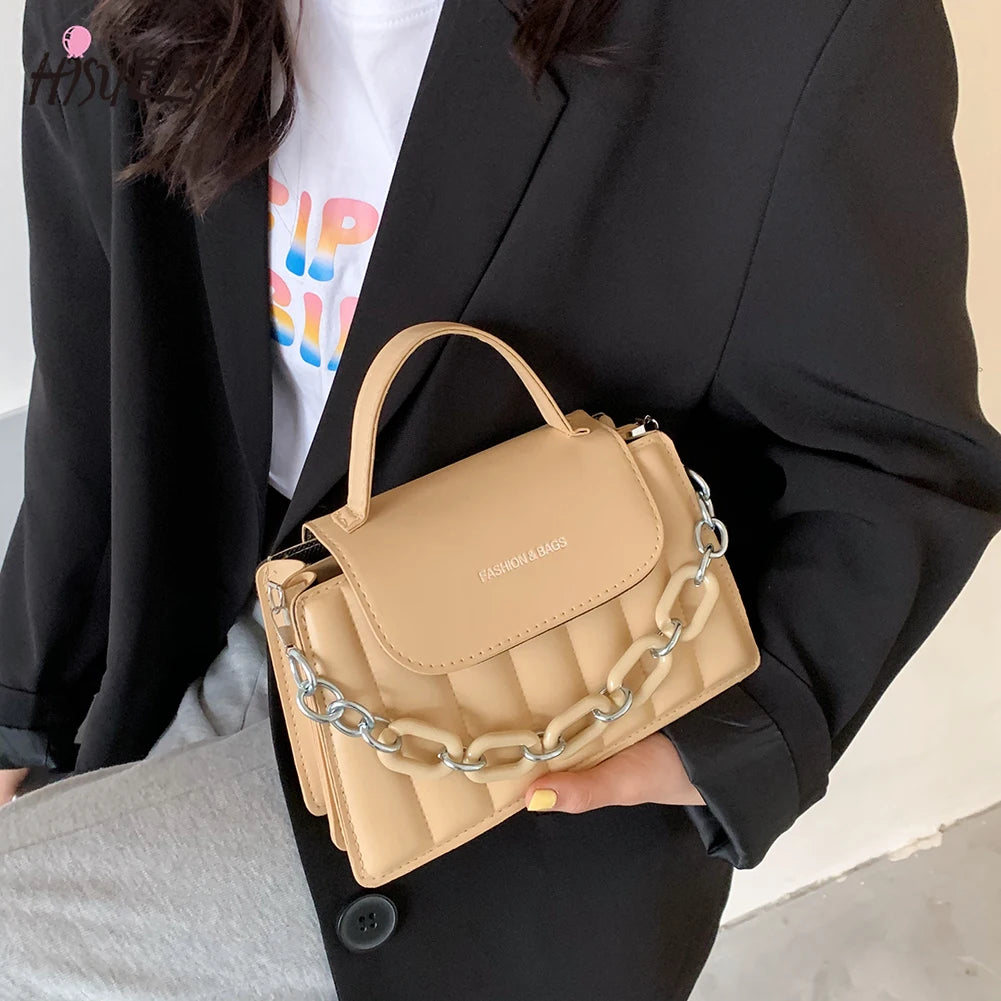 Acrylic Chain Women PU Leather Handbags Totes Bag Top-Handle Crossbody Bag