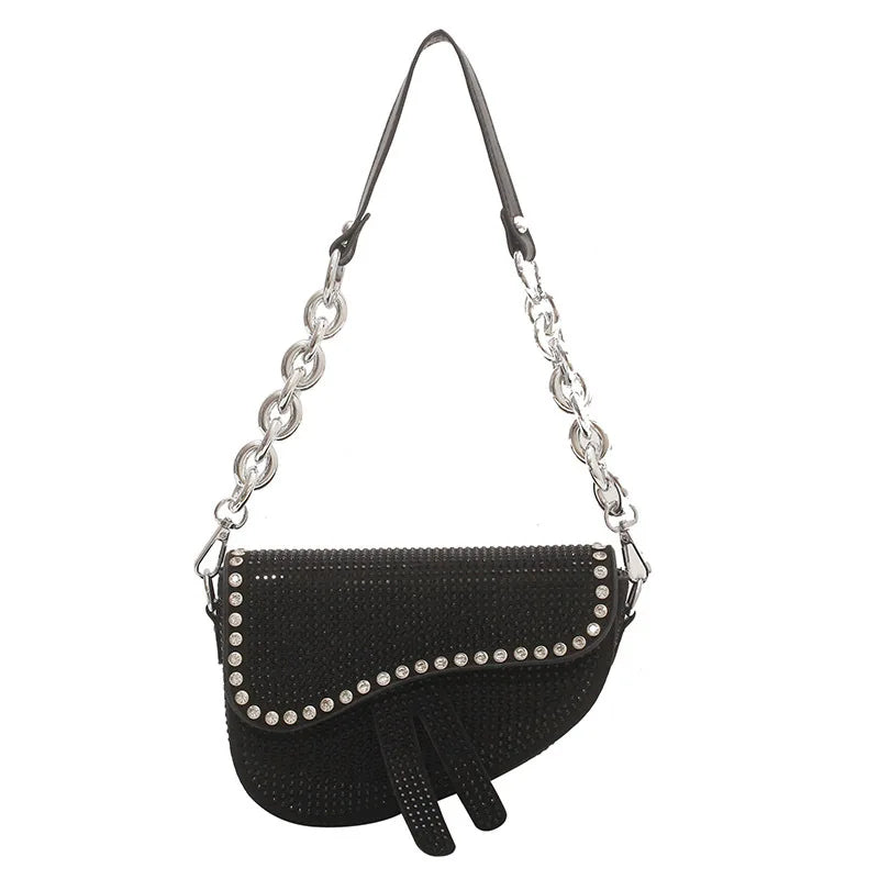 High-Grade Chain Saddle Bag with Bright Diamond Crossbody