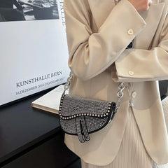 High-Grade Chain Saddle Bag with Bright Diamond Crossbody
