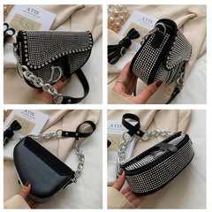 High-Grade Chain Saddle Bag with Bright Diamond Crossbody