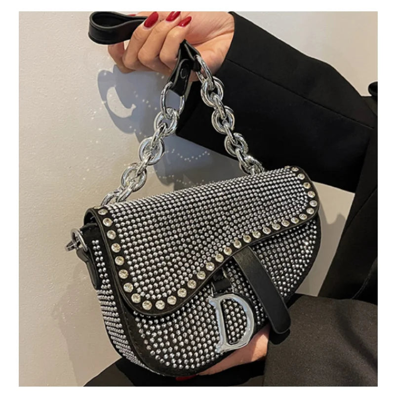 High-Grade Chain Saddle Bag with Bright Diamond Crossbody