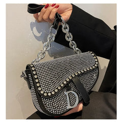 High-Grade Chain Saddle Bag with Bright Diamond Crossbody