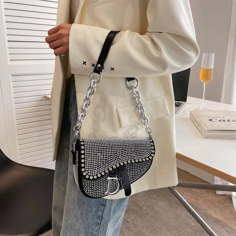 High-Grade Chain Saddle Bag with Bright Diamond Crossbody
