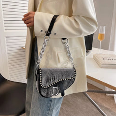 High-Grade Chain Saddle Bag with Bright Diamond Crossbody