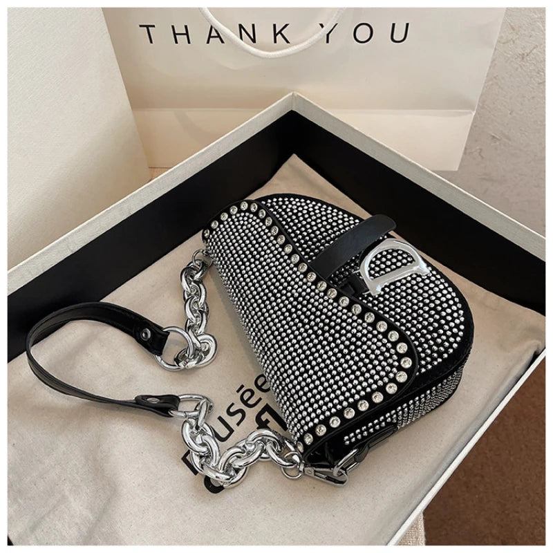 High-Grade Chain Saddle Bag with Bright Diamond Crossbody