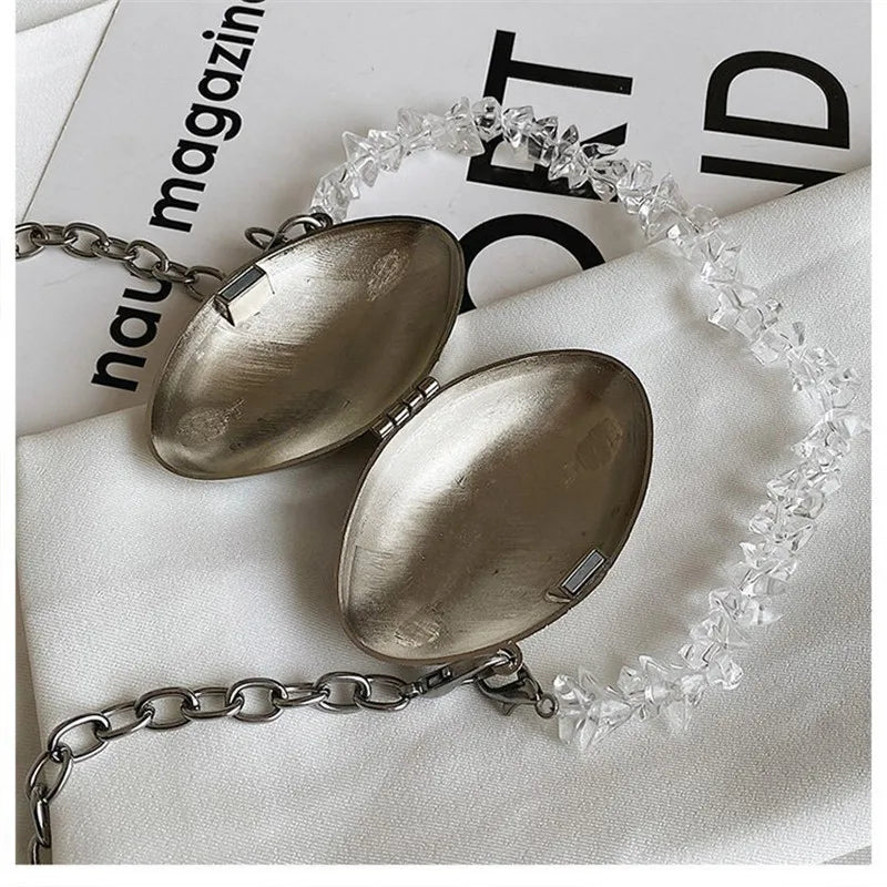 Crystal Chain Mini Neck Bag Silver Shell Single Shoulder Bag