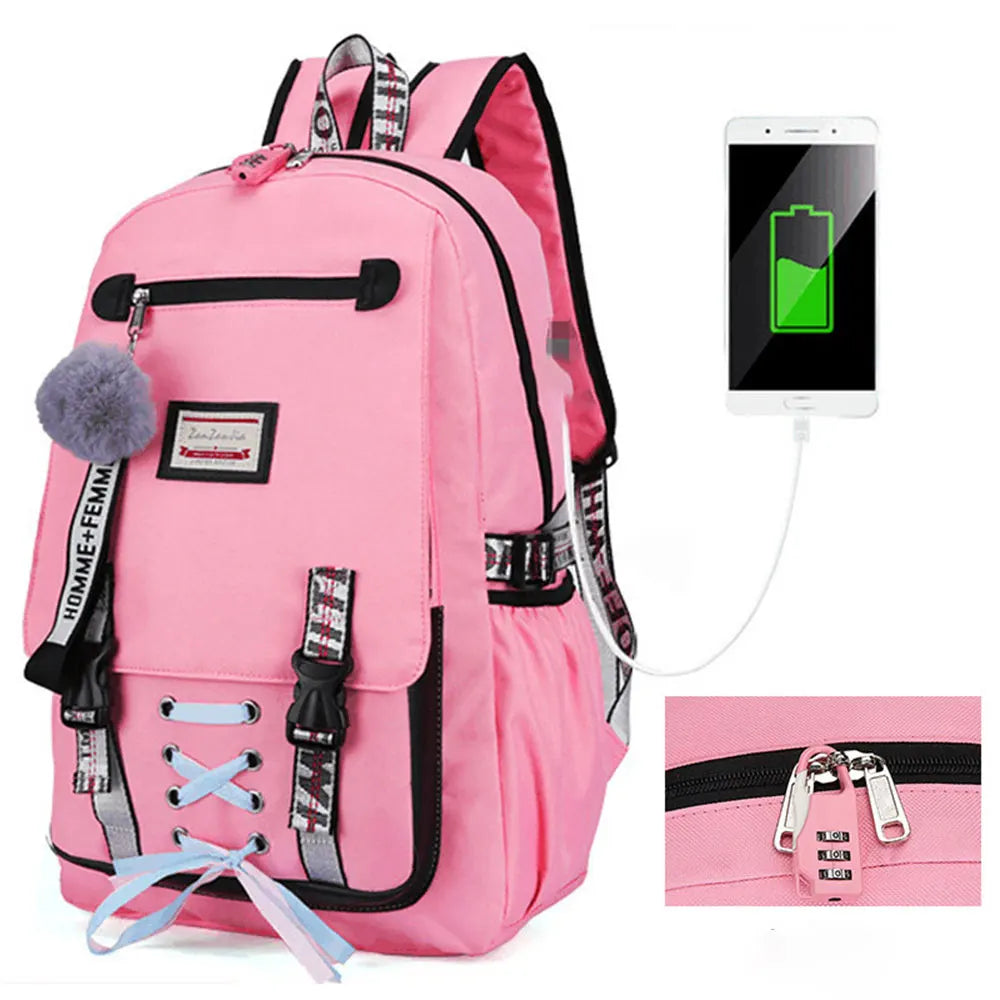 Canvas Backpack for Women USB Port Large Capacity Schoolbag