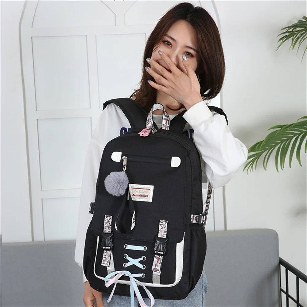 Canvas Backpack for Women USB Port Large Capacity Schoolbag