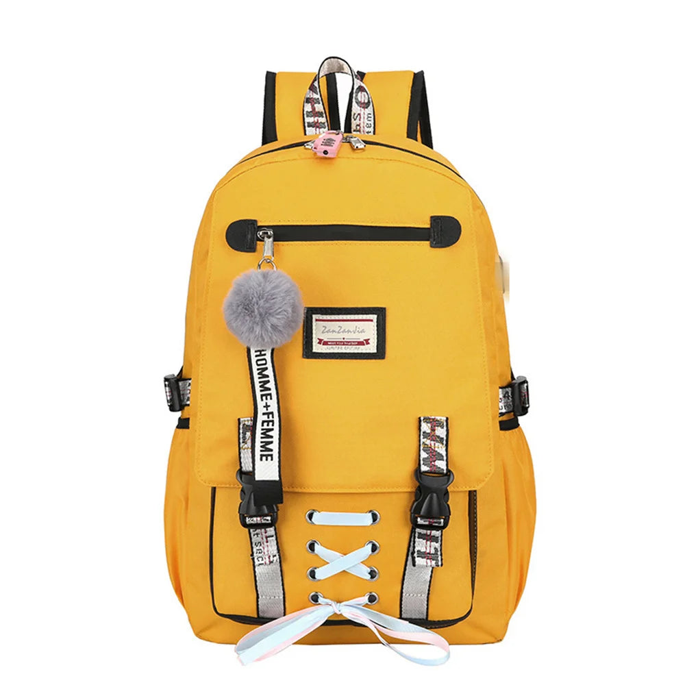 Canvas Backpack for Women USB Port Large Capacity Schoolbag