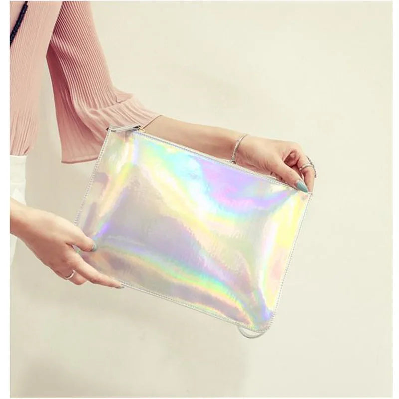 Women Laser Evening Bags Hologram Envelope Silver Pink Clutch