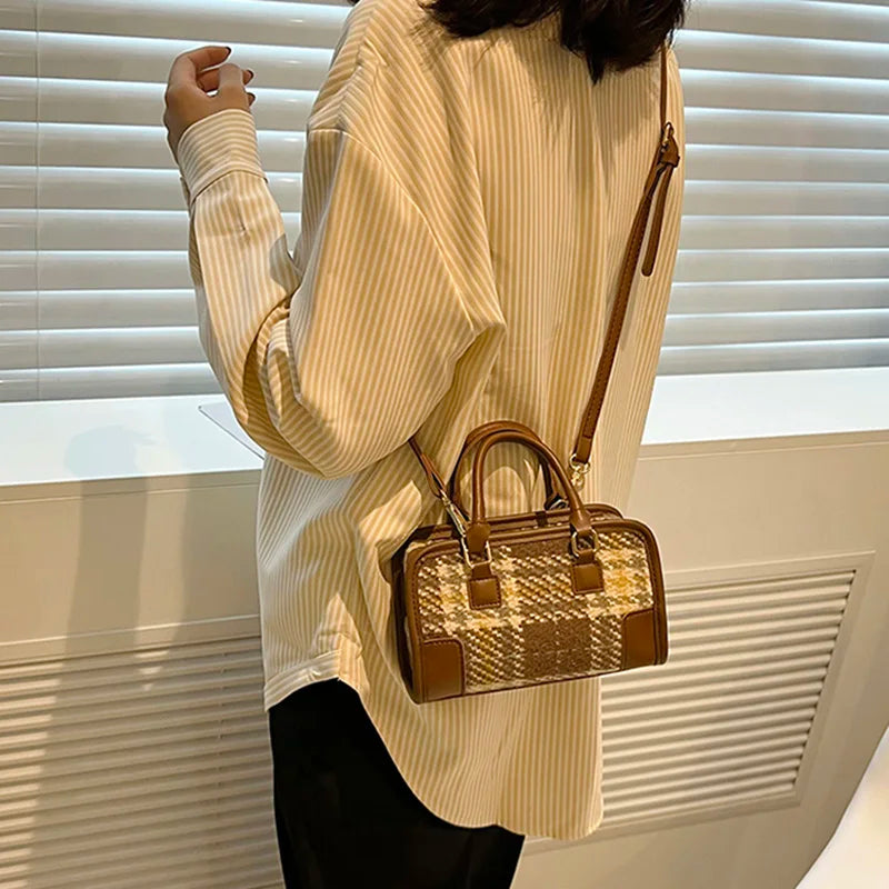 Plaid Wool Crossbody Bag Houndstooth Shoulder Handbag